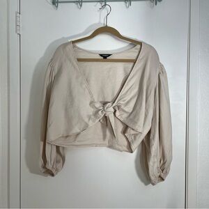 Express Beige Tie-Front Blouse Linen Blend Front Closure Size XL crop Top